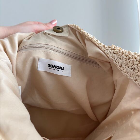 Sonoma Women's Beige Navy Woven Straw Crossbody Purse Lined - Picture 5 of 8